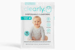 Clearly disposable clear bib travel pack with baby image on clean white background