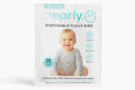 Package of Clearly disposable clear bibs 25 pack with a baby image on a white background