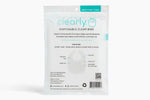 back of package of disposable clear wipes with 'clearly' branding on a white background